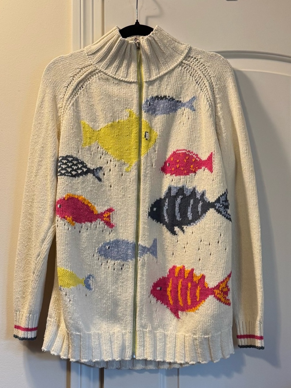 Pilcro Cream Zip-Front Sweater with Yellow, Pink, Blue, Navy Fish Motif